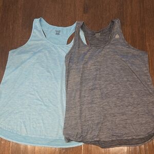 Reebok Set Of 2 Striped Racer Back Tank Tops. Black & Grey. Blue & White.